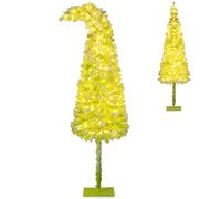 COSTWAY Sapin de Noël Artificiel Pré-éclairé de 210 cm avec Embout Flexible 366 Branches 160 LED Blanc Chaud 8 Modes, Forme Crayon Fine et Incurvée (210 cm)