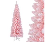 COSTWAY Sapin de Noël Artificiel Rose 180 cm, 460 Branches, Support en Métal Pliable, Décoration Arbre de Noël Floqué de Neige
