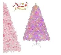 COSTWAY Sapin de Noël LED Floqué 185 cm 350 Lumières Lumineux 4 Couleurs et 8 Modes Dynamiques avec 808 Branches en PVC Rose