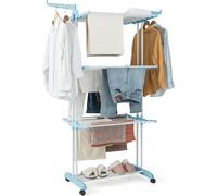 COSTWAY Séchoir à linge à 4 niveaux avec roulettes, pliable avec 2 ailes latérales pivotantes, autoportant (bleu)