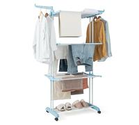 COSTWAY Sechoir à Linge Pliable 3 Niveaux, Étendoir Linge à roulettes en Métal, Sechoir Tancarville Solide avec 2 Porte-cintres, Porte-Chaussures, Seche Linge Intérieur Extérieur