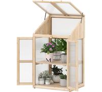 COSTWAY Serre à 2 étages, en bois & PC, résistante aux intempéries, serre avec 2 portes, couvercle & étagères amovibles, serre 69x58x121cm nature