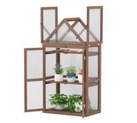 COSTWAY Serre de Jardin à 3 Niveaux en Bois de Sapin, 2 Porte Toit Ouvrant avec Étagères Réglables, Serre à Tomates Protection Transparente en Polycarbonate, 71x41x133cm, Brun