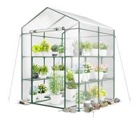 COSTWAY Serre de Jardin avec Housse en PE, 4 Niveaux et 8 Étagères Porte Zippée Roulante Cadre en Métal, 139 x 144 x 195 cm