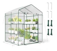 COSTWAY Serre de Jardin Extérieure Couverture en PVC, Serre de Plain-Pied avec 4 Niveaux et 8 Étagères Porte Zippée Roulante Cadre en Métal, pour Jardin Cour, 139 x 144 x 195 cm