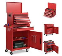 COSTWAY Servante d'Atelier à 4 Tiroirs avec Coffre Outils Amovible et Armoire de Rangement, Caisse à Outils Roulante Étagère Réglable Doublure Antidérapante, pour Garage Atelier (Rouge)