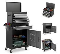 COSTWAY Servante d'Atelier à 4 Tiroirs avec Coffre Outils Amovible et Armoire de Rangement, Caisse à Outils Roulante Étagère Réglable Doublure Antidérapante, pour Garage Atelier (Noir+Gris)