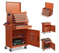 COSTWAY Servante d'Atelier Outils 4 Tiroirs Compartiment Amovible Etagère Réglable Planche à Outils Roues Verrouillables Orange