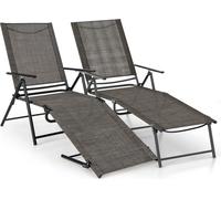 COSTWAY Set de 2 Bains de soleil pliants, Chaise longue de jardin avec dossier réglable, repose-pieds & tissu d'assise respirant, jusqu'à 150kg Marron