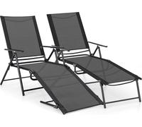 COSTWAY Set de 2 Bains de soleil pliants, Chaise longue de jardin avec dossier réglable, repose-pieds & tissu d'assise respirant, jusqu'à 150kg Noir