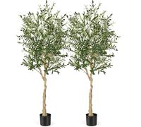 COSTWAY Set de 2 oliviers artificiels, plante artificielle de 182 cm de haut dans un pot en ciment, plantes d'intérieur avec feuilles naturelles, 72 fruits, grands arbres artificiels pour le bureau, l