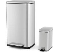 COSTWAY Set de 2 poubelles, 40L + 6L Poubelle en inox, Poubelle à pédale avec seaux intérieurs amovibles & couvercle Soft-Close, Poubelle de cuisine, Argent
