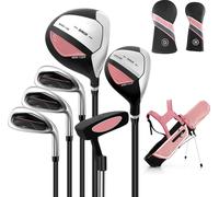 COSTWAY Set de 6 clubs de golf pour enfants, Set de clubs de golf pour droitiers avec sac de golf & housse de pluie, pour enfants de 11-13 ans Rose