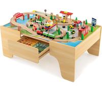 COSTWAY Set de 84 pièces de chemin de fer pour enfants, Table de jeu en bois avec plateau réversible et tiroir, Train en bois Jouet pour enfants à partir de 3 ans