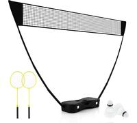 COSTWAY Set de badminton avec raquettes, jeu de badminton portable avec 2 volants à ressort, filet Premium, 2 raquettes & boîte de rangement. Support de filet noir
