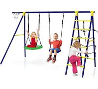 COSTWAY Set de balançoire 5 en 1 avec 2 balançoires, panier de basket, filet à grimper et échelle d'escalade, balançoire pour enfants avec support, balançoire de jardin, support de balançoire avec dou