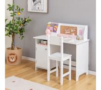 COSTWAY Set de bureau pour enfants, table de travail pour écoliers en bois avec chaise, bibliothèque, armoire basse & tableau d'affichage, bureau d'écolier ergonomique table d'apprentissage pour enfan