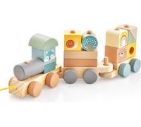 COSTWAY Set de chemin de fer en bois 3 pièces, train en bois empilable pour enfants avec briques & animaux colorés, train de briques locomotives éducatif pour garçons & filles à partir de 3 ans
