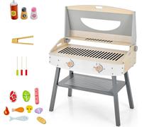 COSTWAY Set de jeu de gril pour enfants, Cuisine de jeu en bois avec pince & accessoires, Set de jeu BBQ Jouet-gril pour filles & garçons à partir de 3 ans