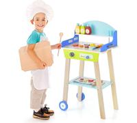 COSTWAY Set de jouets barbecue, cuisine de jeu BBQ pour enfants avec poignée coulissante, roues, accessoires, jouets de cuisine barbecue en bois interactifs pour garçons & filles