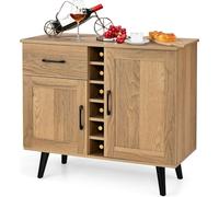COSTWAY Sideboard avec casier à vin pour 6 bouteilles, commode sur roulettes avec tiroir extensible et étagères réglables, armoire buffet cuisine commode armoire à vin 90x40x79cm, naturel
