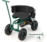 COSTWAY Siège à roulettes mobile jusqu'à 150kg, tabouret de jardin pivotant à 360° réglable en hauteur, siège de jardin avec poignée de direction, panier, tablette & coussin d'assise Vert