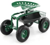 COSTWAY Siège à roulettes pivotant à 360° réglable en hauteur, siège de jardin mobile avec tablette, panier, poignée de direction & roulettes, tabouret de jardin jusqu'à 150 kg, pneus larges Vert