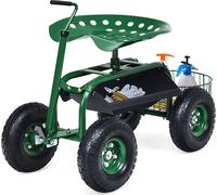COSTWAY Siège à roulettes réglable en hauteur, mobile, chariot de jardin avec roulettes, poignée extensible & panier, siège de jardin pivotant jusqu'à 150kg 96,5x47,5x47-55cm