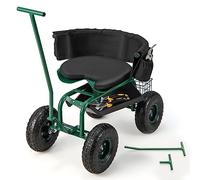 COSTWAY Siège de Jardin Roulant avec 2 Poignées de Direction, Chariot Jardinage Réglable en Hauteur avec Siège Pivotant à 360° Coussin Panier Plateau à Outils, 90 x 59 x 106 cm, Vert