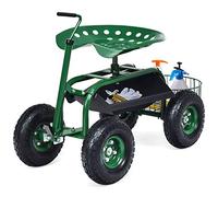 COSTWAY Siège de Jardin Roulant avec Poignée Extensible, Chariot Jardinage avec Siège Rotative 2 Plateaux à Outils Panier de Rangement 4 Roues en Caoutchouc (96,5 x 47,5 x 47-55 cm)