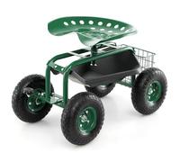 COSTWAY Siège de Jardin Roulant avec Poignée Extensible, Chariot Jardinage avec Siège Rotative 2 Plateaux à Outils Panier de Rangement 4 Roues en Caoutchouc (82,5 x 45,5 x 45,5-54,5 cm)