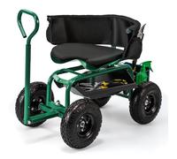 COSTWAY Siège de Jardin Roulant pour Travail avec Poignée Extensible, Chariot Jardinage avec Siège Pivotant à 360° Plateau Panier de Rangement Coussin Charge 135KG, pour Pelouse Atelier (Vert + Noir)