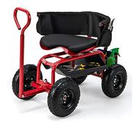 COSTWAY Siège de Jardin Roulant pour Travail avec Poignée Extensible, Chariot Jardinage avec Siège Pivotant à 360° Plateau Panier de Rangement Coussin Charge 135KG, pour Pelouse Atelier