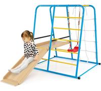 COSTWAY Structure à grimper Indoor, balançoire 6 en 1, toboggan, barre à grimper, échelle à grimper & mur de cordes, aire de jeux pour enfants en métal pour les enfants à partir de 3 ans