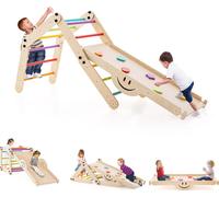 COSTWAY Structure à grimper Indoor, triangle d'escalade avec toboggan, aire de jeux multifonctionnelle pour enfants à partir de 3 ans