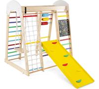 COSTWAY Structure d'escalade Aire de jeux, 8in1 Triangle d'escalade, filet à grimper, échelle, toboggan, balançoire, rocher à grimper, boulier & tableau pour enfants 3+ Coloré