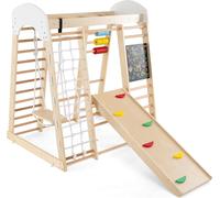COSTWAY Structure d'escalade Aire de jeux, 8in1 Triangle d'escalade, filet à grimper, échelle, toboggan, balançoire, rocher à grimper, boulier & tableau pour enfants 3+ nature