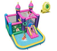 COSTWAY Structure Gonflable avec Gonfleur 680W Piscine à Eclaboussures Maison Latérale Toboggan Aquatique Intérieur-Extérieur