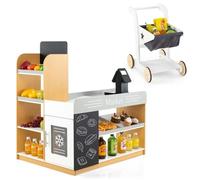 Costway Supermarché En Bois Pour Enfants Avec Chariot De Courses 2 Tableaux Noirs, Caisse Enregistreuse, Étagères De Présentation