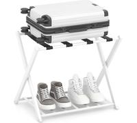 COSTWAY Support à bagages pliable, support à bagages à 2 niveaux avec surface de rangement, support de maintien robuste avec sangles en nylon solides Blanc