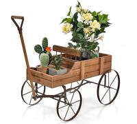 COSTWAY Support à fleurs Chariot en bois Chariot à plantes Chariot à fleurs avec roues en métal Bac à fleurs Support à plantes pour jardin et terrasse 34x62x60cm (Marron)