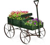 COSTWAY Support à fleurs Chariot en bois Chariot à plantes Chariot à fleurs avec roues en métal Bac à fleurs Support à plantes pour jardin et terrasse 34x62x60cm (Vert)