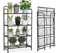 COSTWAY Support de plantes pliable en métal à 4 marches, étagère à fleurs avec plateau adaptable, supporte jusqu'à 40 kg, étagère à plantes escalier à fleurs, escalier à plantes jardin terrasse balcon
