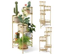 COSTWAY Support de Plantes Pliant en Métal 6 Niveaux Dorées Charge 10KG, Support de Pot de Fleurs avec 3 Pots et 3 Plateaux Ajourés pour Coin de Balcon Salon, 41 x 39 x 82 cm (Or)