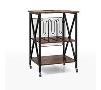 COSTWAY Support de platine vinyle, support à roulettes avec station de charge intégrée, table d'appoint robuste avec cadre métallique et cloison de séparation Marron