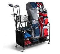 COSTWAY Support de Rangement pour Sac de Golf avec Roues Universelles Verrouillables, Organisateur de Stockage en Métal pour Accessoires Golf avec Étagère et 4 Crochets