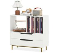 COSTWAY Support de Stockage de Disques Vinyles avec 2 Tiroirs, 5 Compartiments, 4 Étagères, pour Salon, Salle de Musique Blanc Multicolore