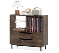 COSTWAY Support de Stockage de Disques Vinyles avec 2 Tiroirs, 5 Compartiments, 4 Étagères, pour Salon, Salle de Musique Marron Multicolore