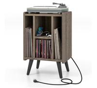 COSTWAY Support de Stockage de Disques Vinyles avec 4 Compartiments Ouverts, Prise de Courant et Port USB, 43x34,5x67,5cm, Marron
