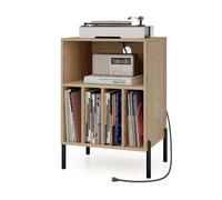 CostwaySupport pour Tourne-disque Support de Platine pour Disques Vinyles avec Etagère Pieds en Métal Station de Charge et Port USB Naturel